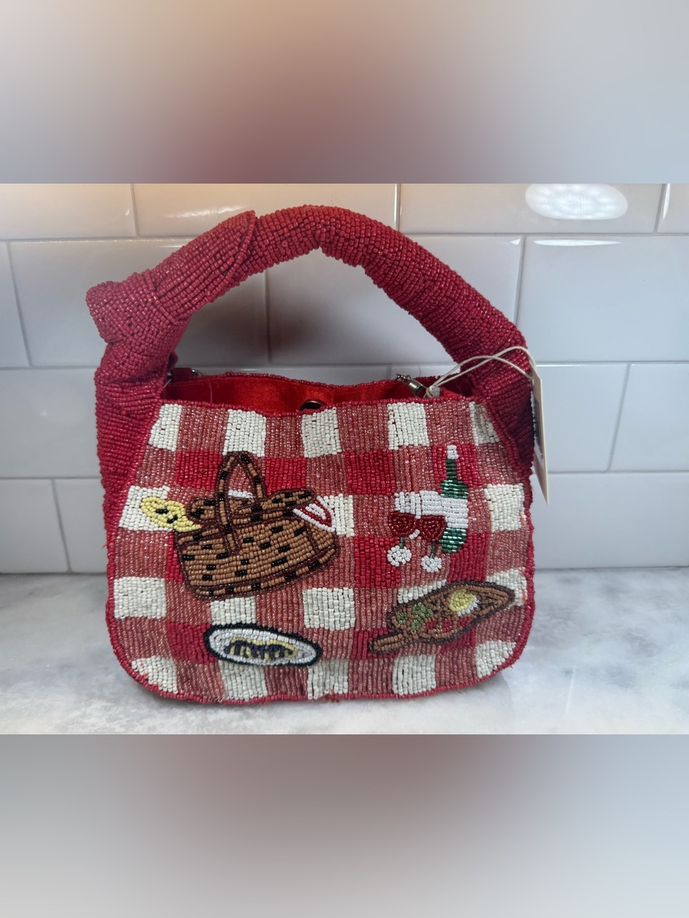 New Release Sol & Mer Picnic Wine Cheese Beaded Bag with Chain Shoulder Strap